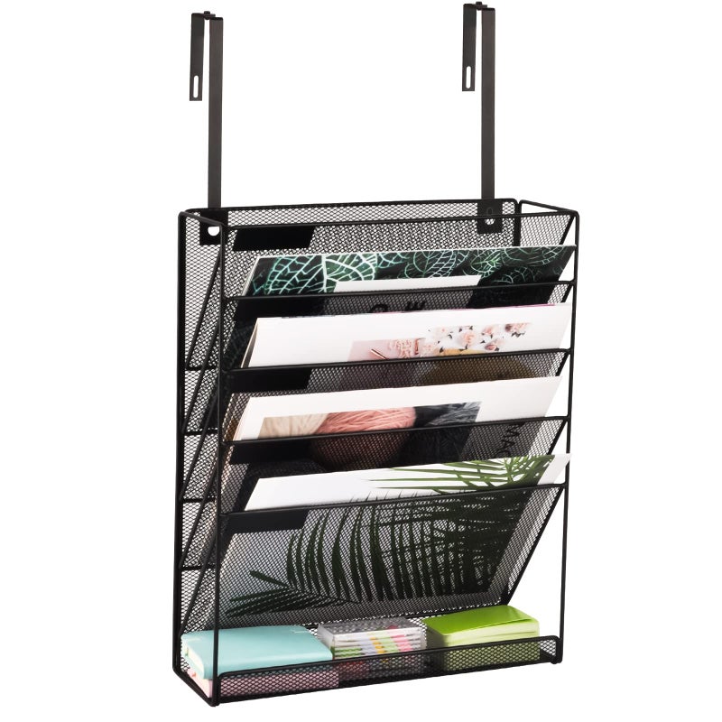 EASEPRES Desk File Organizer Mesh 6-Tier with Hangers, Hanging Wall Mount Document Organization Stand, Desktop Vertical Mail Paper Folder Holder with Bottom Tray for Office Home Cubicle, Black - Image 1